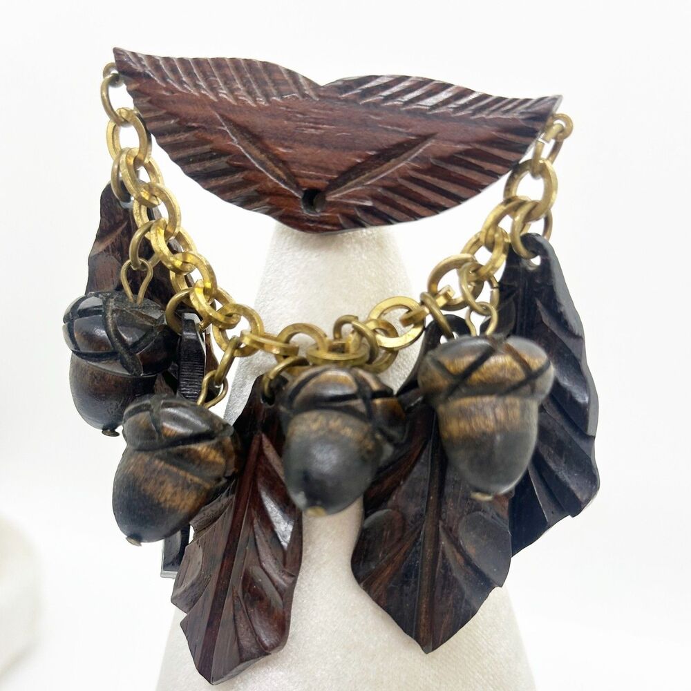 Vintage Acorn Brooch Hand Carved Wood Oak Leaf Dangle Nature Woodland WWII Era
